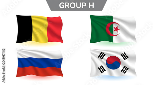 National flags of Belgium, Germany, Algeria and South Korea waving in grid layout on white background