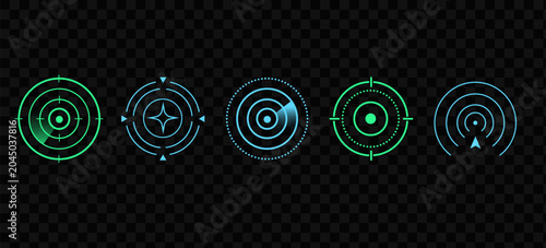 Futuristic HUD target interface icon set with neon radar circles and sci fi tracking elements isolated on transparent PNG background for gaming, technology and UI design