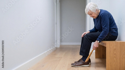 Senior woman sitting on wooden bench using shoehorn to put on shoe. Elderly female struggling with mobility and joint disease. Daily living aid for arthritis and chronic pain.