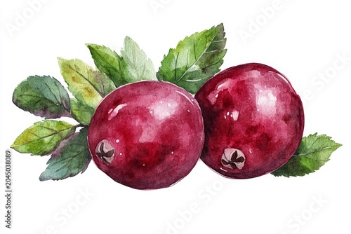 Fresh red cranberries surrounded by green leaves in a vibrant watercolor illustration