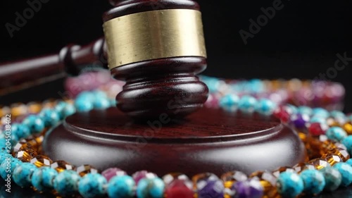 A judge bangs gavel on colorful beaded block in courtroom