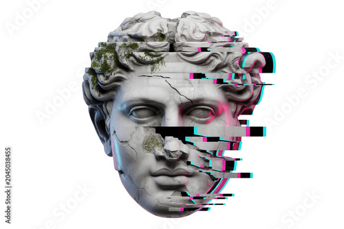 Digital glitch sculpture of a classical greek marble head with moss and broken fragments isolated on black transparent white background png isolated on a transparent background