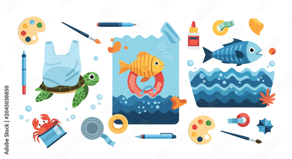 Obraz premium Colorful ocean conservation illustration with marine life and plastic pollution awareness isolated on white background