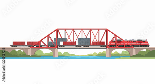 Freight Train with Shipping Containers Crossing a Red Truss Bridge Over a River Vector Illustration