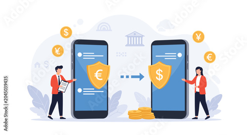 Man and woman facilitating a secure international money transfer between two smartphones using euro and dollar symbols.