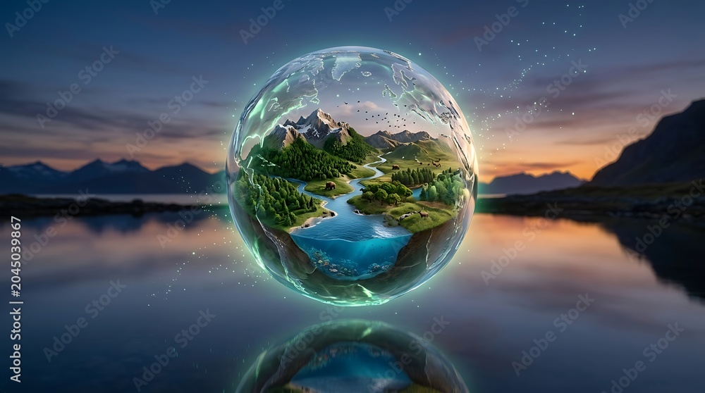 Fototapeta premium Miniature Earth Globe with Lush Landscape Floating on Water at Sunset planet