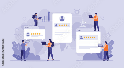 Team of young professionals uses laptops to manage and display customer reviews and star ratings on a large abstract background with icons.