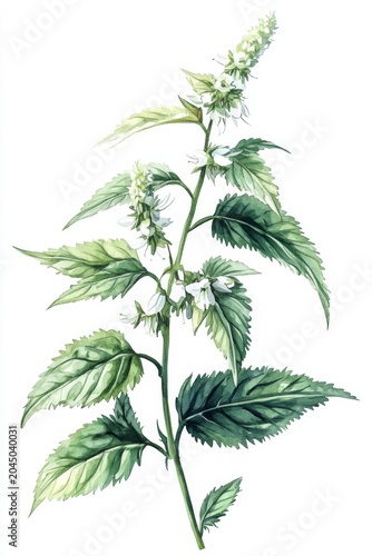Green herbal plant with white flowers displayed on a clean white background highlighting natural beauty and botanical details