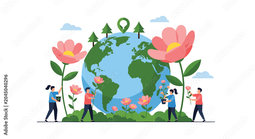 Fototapeta premium Enthusiastic group of tiny people planting vibrant flowers around a giant globe to promote environmental conservation and ecology.