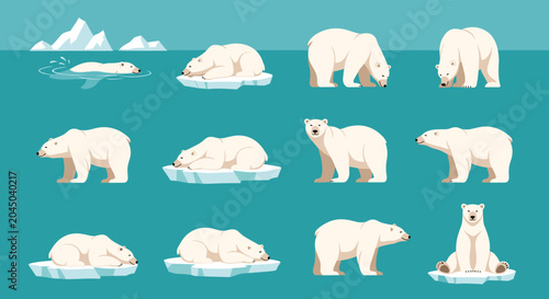Collection of polar bears in different poses including swimming and resting on ice blocks within an arctic habitat illustration.