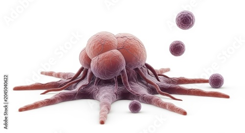 a 3d rendering of a cancer cell with several budding viruses on white background in purple and pink 