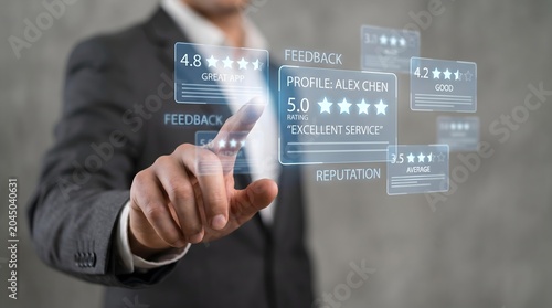 Business professional using a futuristic data analytics dashboard with real-time insights, customer feedback, and KPI metrics on a holographic digital interface