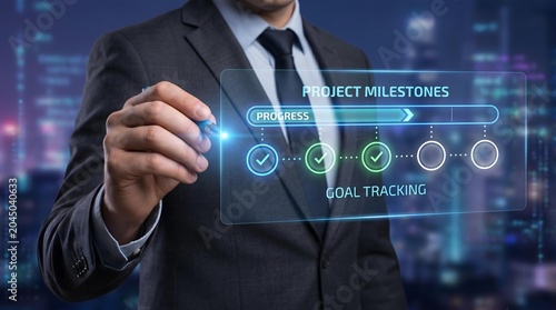 Business professional in a suit interacts with a futuristic digital project milestones dashboard to track goals, progress, and performance.