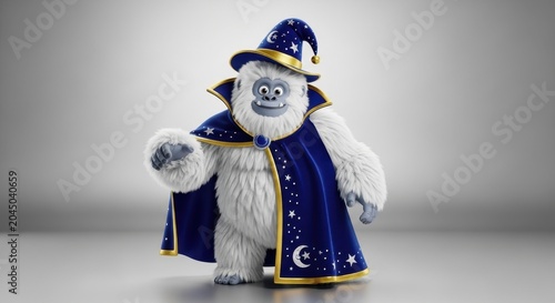 a white yeti wearing a blue velvet cloak and a pointed hat with gold trim standing on a gray surface