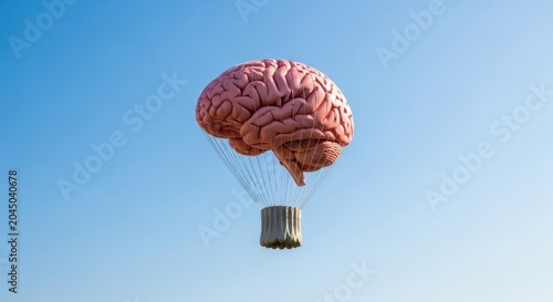 A pink brain is floating in the air with a parachute and a cylinder attached to it on a clear blue s