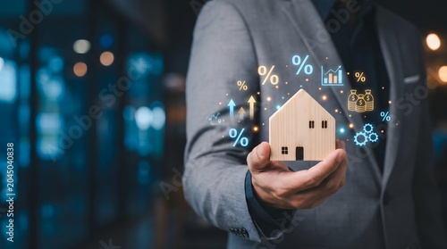 Proptech-driven real estate analytics: business professional presenting mortgage, investment and smart-home data with holographic house and percentage insights.