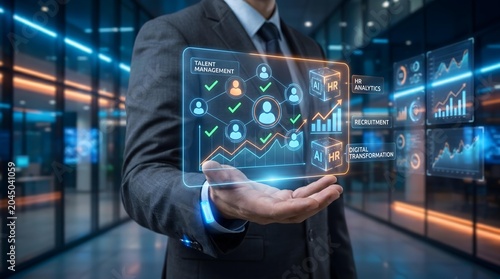 Business executive demonstrates data analytics dashboard with holographic charts in a high-tech data center.