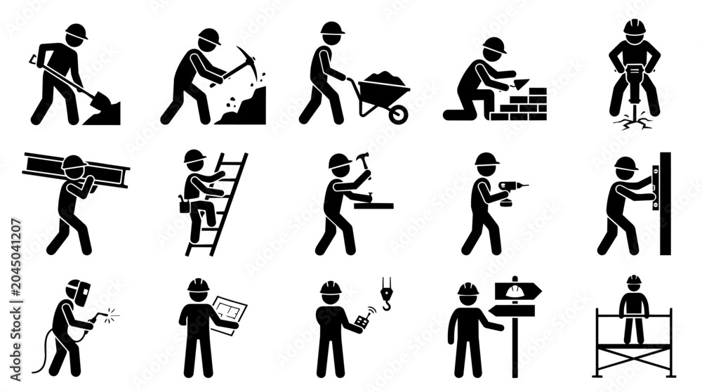 Fototapeta premium Construction Worker Stick Figures Doing Various Jobs