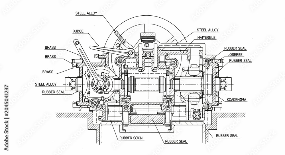 Naklejka premium Detailed engineering blueprint of a complex mechanical assembly, revealing internal machine components, gears, shafts, and material specifications.