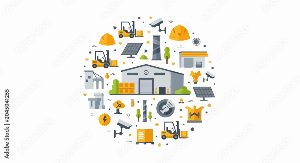 Naklejka premium Industrial Logistics and Smart Warehouse Vector Illustration with Sustainable Energy and Security Icons