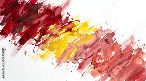 Vibrant abstract watercolor brush strokes with red and yellow splashes on white background