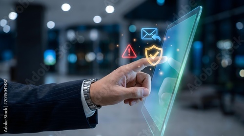 Business professional interacts with a holographic touch screen displaying cybersecurity icons in a futuristic office environment.