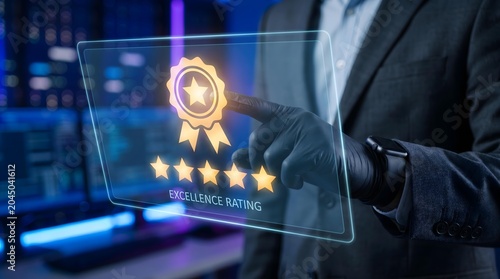 Business professional using a holographic five-star rating interface to showcase excellent service quality and outstanding customer satisfaction.