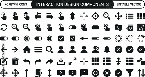 Interaction Design Components Glyph Icon Set For Interface Controls Gestures Navigation Buttons And User Experience Vector
