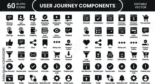 User Journey Components Glyph Icon Set For Ecommerce Interface Navigation Onboarding Feedback And Profile Vector Design