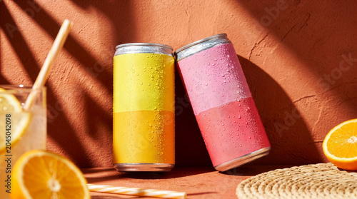 Two cold  unbranded aluminum beverage cans covered in water drops lean against each other under harsh tropical shadows. Perfect summer mockup for soda  sparkling water.