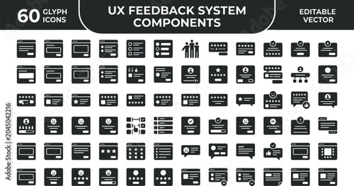 UX Feedback System Components Glyph Icon Set For User Reviews Ratings Comments Analytics And Interface Evaluation Vector