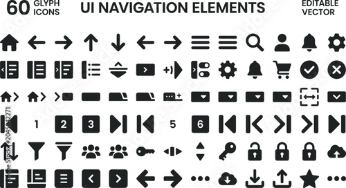 UI Navigation Elements Glyph Icon Set With Home Arrows Menu Search Alerts Settings And Interface Controls Vector