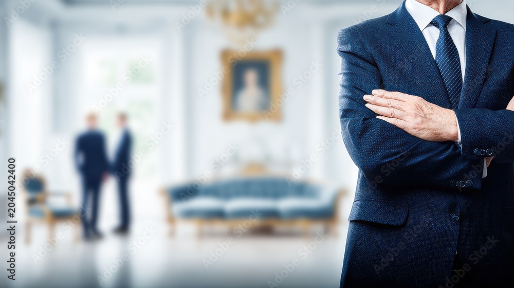 Fototapeta premium Senior male diplomat in a formal suit stands confidently with arms crossed in a blurred embassy interior while discussing with colleagues.