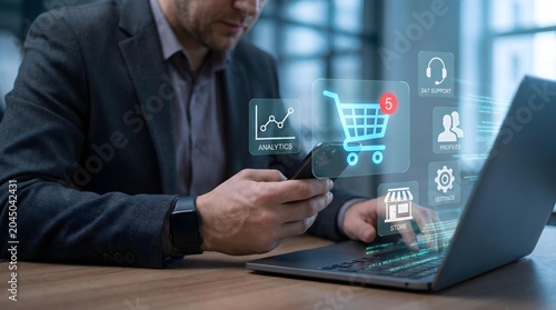 Business professional using a smartphone and laptop with digital analytics icons to convey data-driven e-commerce and fintech insights
