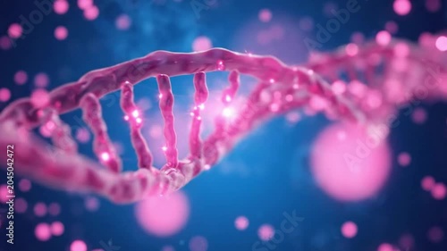 A glowing pink DNA double helix structure floats in a dark blue environment with scattered pink particles.