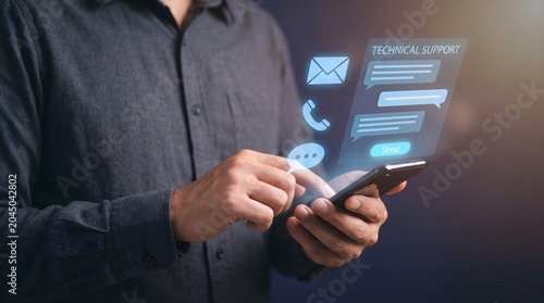 Businessman uses a futuristic touchscreen tablet with holographic online support icons.