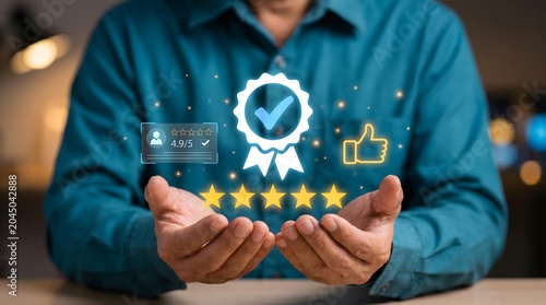 Professional holding digital trust icons symbolizing quality assurance, security, and customer satisfaction in a business setting