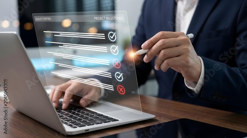 Business professional using a laptop with holographic data dashboards for futuristic analytics and digital transformation
