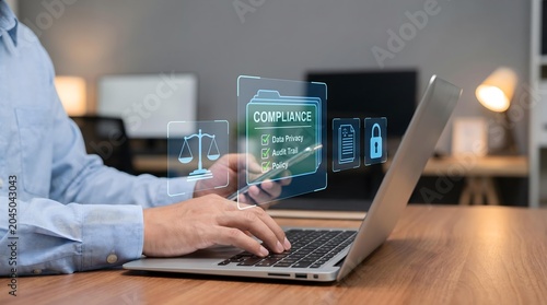 Business professional typing on a laptop with holographic cybersecurity and data protection icons, illustrating modern enterprise security and digital risk management