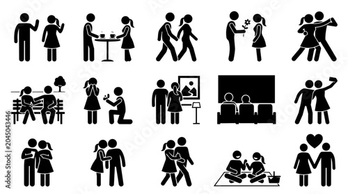 Romantic couple relationship activities flat icon set