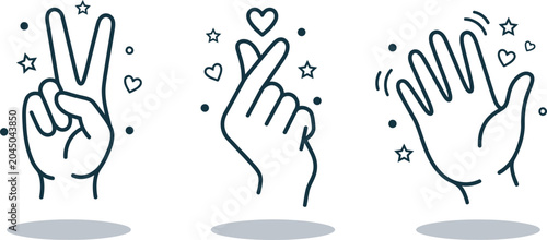 Vector illustration of hand gestures with peace sign, love, and waving