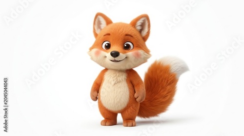 Adorable orange fox character, cute 3D cartoon animal with fluffy tail, friendly forest creature mascot for children book illustration isolated on White Background