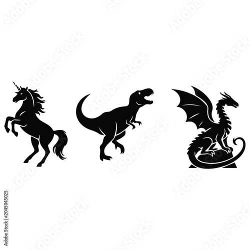 Εκτύπωση καμβά Fantastic creatures silhouette vector illustration set mythical beasts and dinosaur