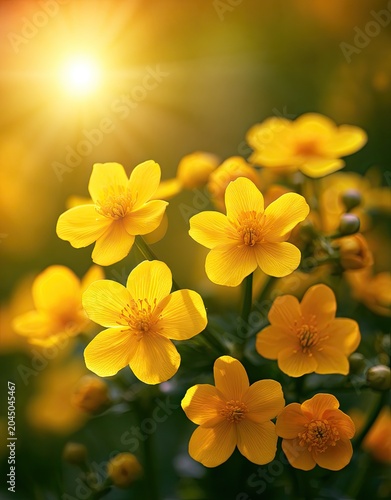 Golden sunbeams illuminate bright yellow wildflowers in a lush green meadow