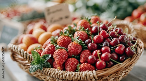 Fresh strawberries and cherries in a woven basket.
