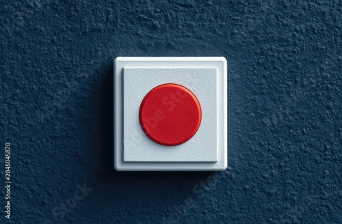 A striking red circular button is centered on a white square, mounted on a textured dark blue wall