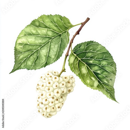 Beautiful illustration of a white mulberry fruit with leaves captured in a watercolor style