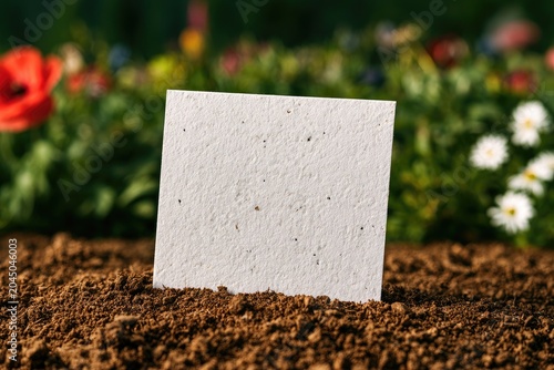 Blank card in soil with blooming flowers background