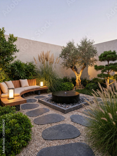 A modern garden with a circular fire pit and seating area surrounded by plants.