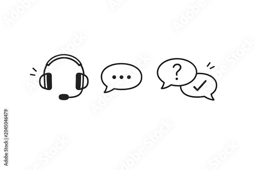 Customer service support concept hand drawn icons with customer communication question checkmark handdrawn assistant feedback solution technical business interaction dialogue operator